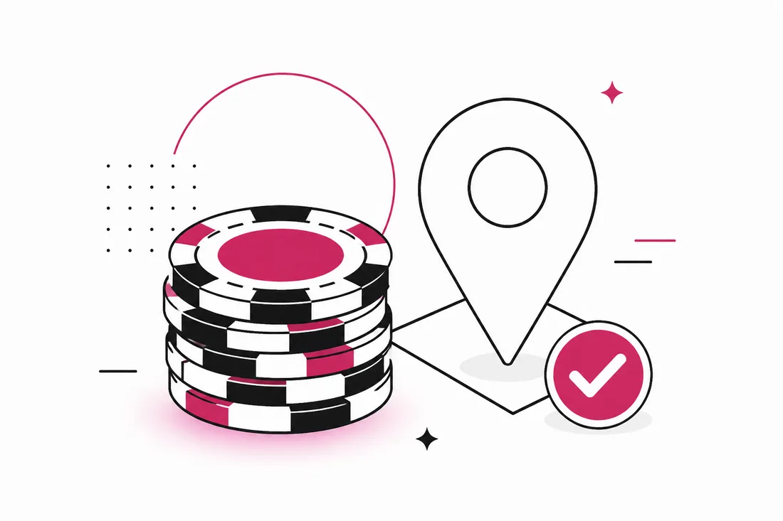 Ilustración de fichas de casino, un pin de ubicación y una marca de verificación