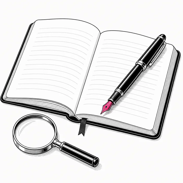 Ilustración de un cuaderno abierto con una lupa y una lapicera