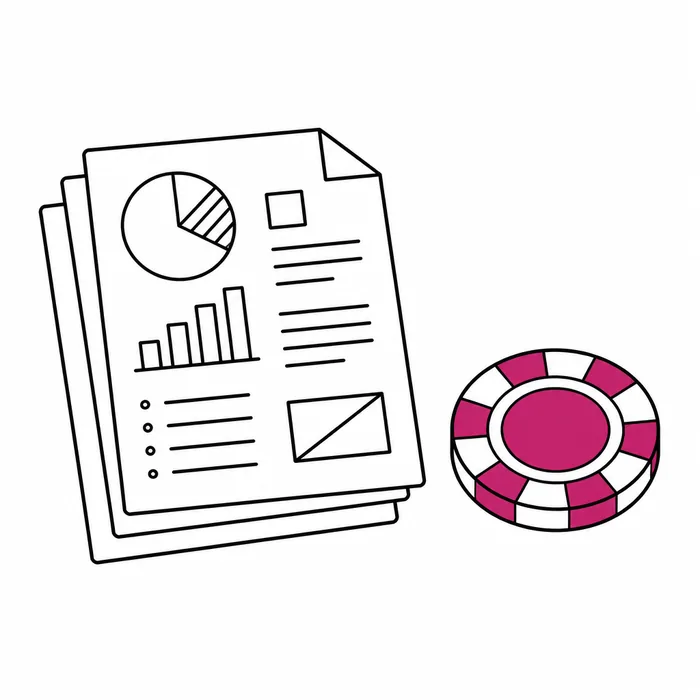 Ilustración de documentos apilados junto a una ficha de casino