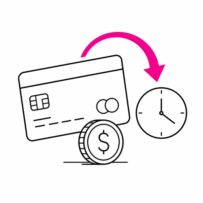 Ilustración de una tarjeta, una moneda y un reloj representando la velocidad de un retiro